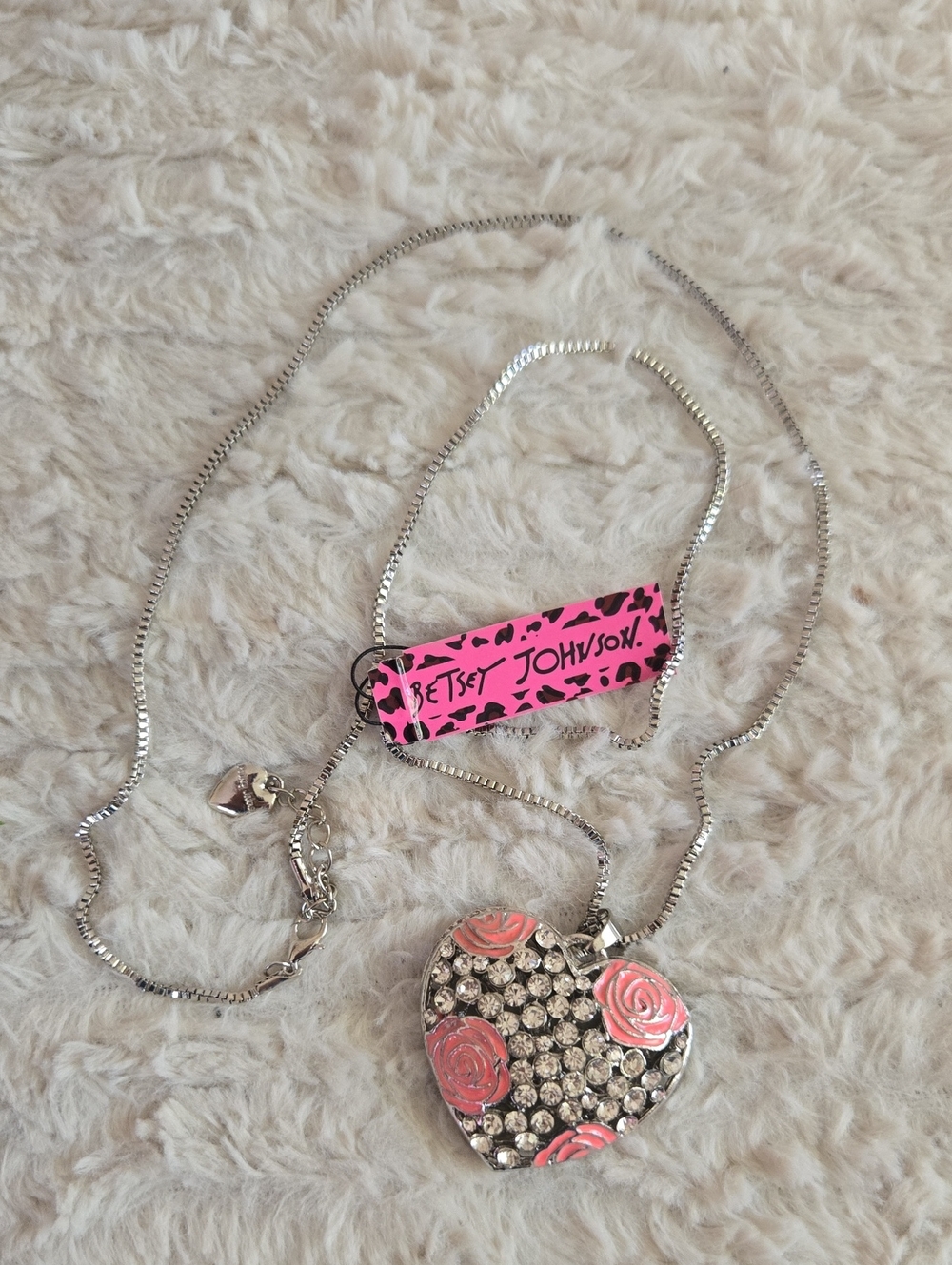 Betsey Johnson Silver Heart Pendant Necklace with Pink Rose Accents